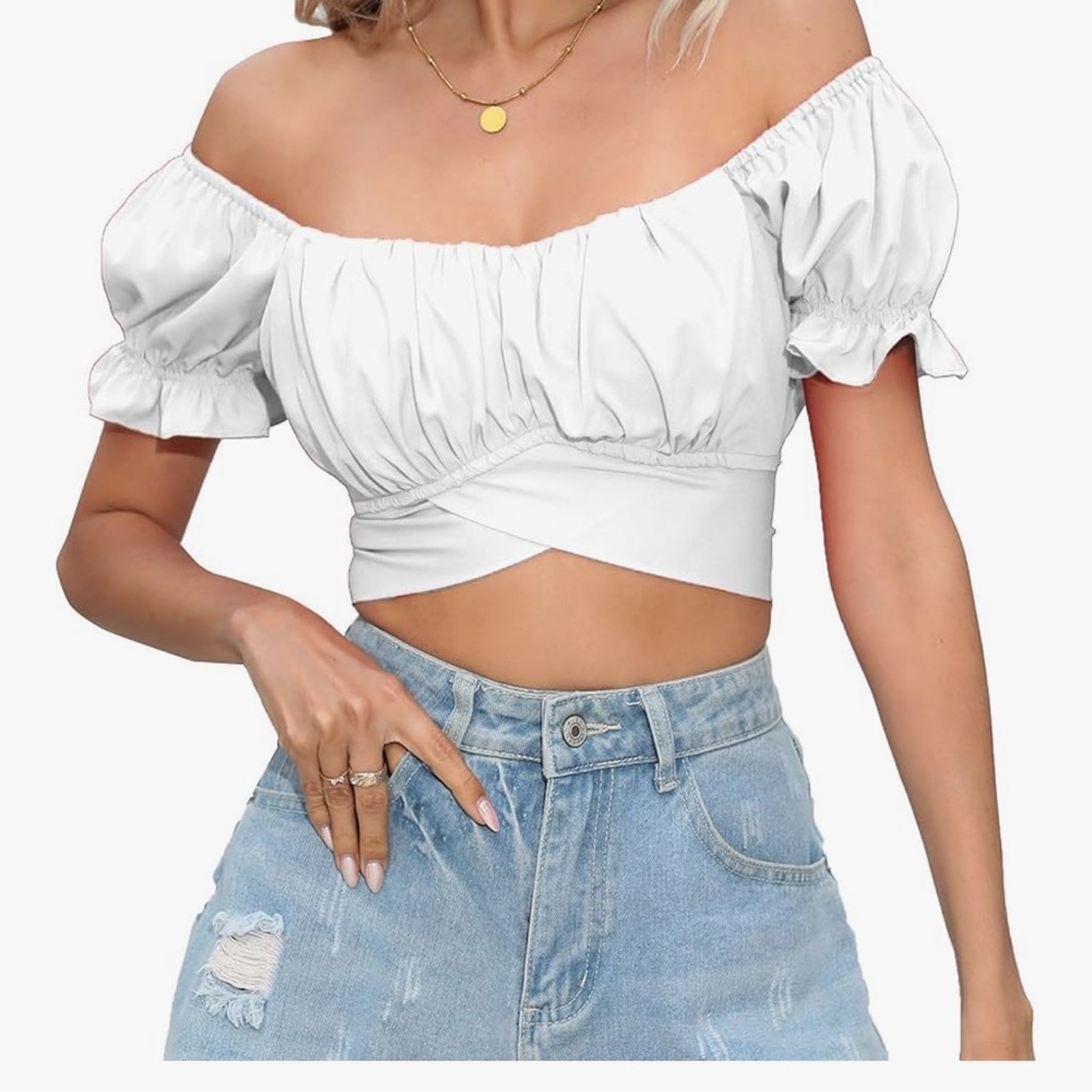 White Off-Shoulder Puff Sleeve Crop Top